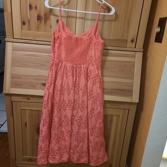 Coral Tea Length Spaghetti Strap Eyelet Dress - Picture 3 of 6